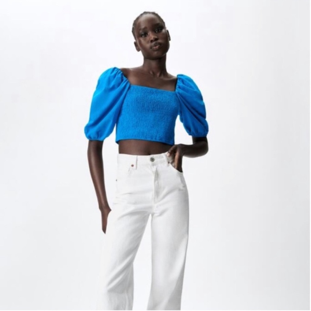 Zara Blue Puff Sleeve Crop Top